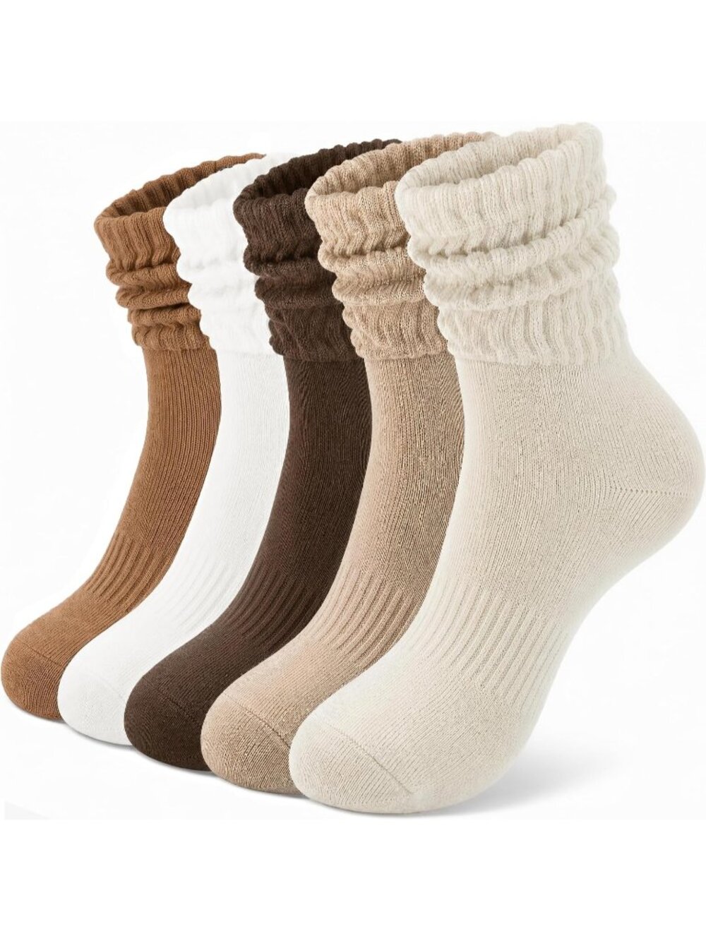 🧦Women's Beige Khaki 5 Pair Slouchy Socks Slouch Cotton Crew Scrunch Socks